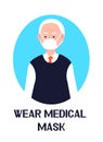 Wear mask icon vector. Flu, cold, coronavirus prevention is shown. Senior man is putting medical mask. Infected person