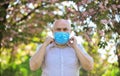 Wear mask. Pandemic concept. Limit risk infection spreading. Senior man wearing face mask. Older people at highest risk
