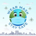 Wear Mask Stay Safe Banner. Earth in blue medical face mask. Coronavirus pandemic vector illustration. Urban sky landscape view Royalty Free Stock Photo