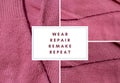 WEAR REPAIR REMAKE REPEAT text on background of before and after repairing pink sweater with Anti-pilling razor