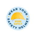 Wear safety helmet warning circle shape sticker template. Flat style construction hardhat icon advertising illustration