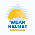 Wear safety helmet warning label. Flat style construction hardhat icon advertising illustration. Protective headgear