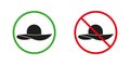 Wear Woman Straw Hat Red and Green Warning Signs. Female Hat for Beach Silhouette Icons Set. Summer Wide Sunhat for