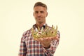 Always wear your crown. Crown selective focus. Handsome man give crown isolated on white. Getting reward. Crowning glory