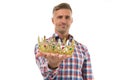 Always wear your crown. Crown selective focus. Handsome man give crown isolated on white. Getting reward. Crowning glory