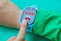 Wearable kids smart watch receive unwanted spam call and track location with touch screen and voice service and boys hand try to