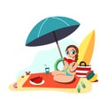 A wearing bikini woman on vacation eating watermelon at the beach in summer alone flat vector illustration Happy summertime. Picni