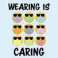 Wearing is caring text with face mask wearing emoji mask changing colour