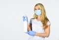 Wearing mask protect from coronavirus. Serious hygiene. Disinfection concept. Risk being exposed coronavirus. Girl clean
