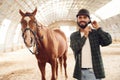 Wearing protective hat and smiling. Young man with a horse is in the hangar Royalty Free Stock Photo