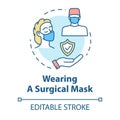 Wearing surgical mask concept icon. Dust pollution. Face protection. Safety for surgeon. Influenza prevention idea thin