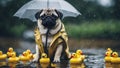 wearing a tiny raincoat and holding an umbrella, sitting in a puddle with rubber ducks duckies