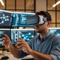 Wearing a virtual reality headset interacts with digital environme Royalty Free Stock Photo