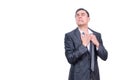 Weary businessman loosening tie in light studio