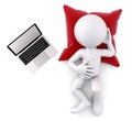 Weary man lying with laptop. 3D illustration. Isolated