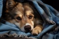 A weary stray dog rests under a blue blanket, its eyes reflecting depth. This powerful image could support narratives on