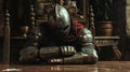 A wearylooking warrior sits slumped at a table his armor and sword leaning against the chair lost in thought as he