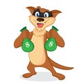 Weasel cartoon mascot as a thief carrying money bags