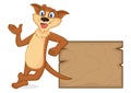 Weasel cartoon mascot leaning on wooden plank