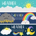 Weather banners with cute cartoon sun, moon, clouds vector template