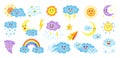 Weather cartoon characters set cute kawaii symbol