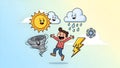 Weather Cartoon Happy Boy with Sun, Rain, Tornado, Lightning, Snow Royalty Free Stock Photo