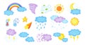 Weather cartoon set cute hand drawn sun cloud