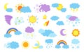 Weather cartoon set flat sun cloud bright rainbow