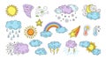 Weather cartoon set line sun cloud rainbow star