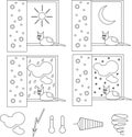 Weather with the cat, he sits on the window. Clipart, black and white weather icons. Royalty Free Stock Photo