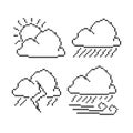 Weather cloud, cloudy, rain, thunderstorm, wind rain. Pixel art line icon vector illustration