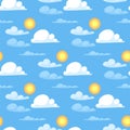 Weather cloudy summer blue sky sun pattern season design seamless pattern vector illustration