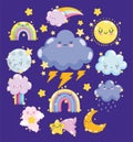 Weather cute sun cloud storm rain thunder rainbow and moon with happy faces