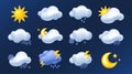 Weather 3d elements set in realistic render design. Collection of sun, cloud, rain, wind blow, moon, snow, lightning, thunder Royalty Free Stock Photo