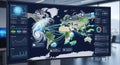World weather data displayed on a digital screen showing storms and wind patterns Royalty Free Stock Photo