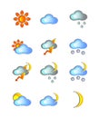 Weather, day, night, sunny, sun, cloud, cloudy, rain, rainy, moon, night, month, thunderstorm, lightning, snow, snowy, coloured, v