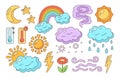 Weather doodle line set linear hand drawn climate meteorological infographic sign collection