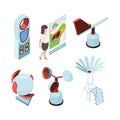 Weather equipment. Meteorologic station observing office forecast presenter place vector isometric set
