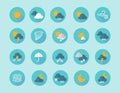 Weather flat icons. Interface infographic elements with sun clouds rain fog wind symbols. Vector flat icon set Royalty Free Stock Photo