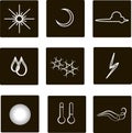 Weather flat square icons. White outlines, clouds, fog, moon, sun, rain, snow, storm, temperature, wind against a black background Royalty Free Stock Photo