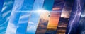 Weather forecast background, climate change concept, collage of images with variety weather conditions - bright sun and blue sky, Royalty Free Stock Photo