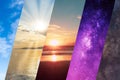 Weather forecast background, climate change concept, collage of sky image with variety weather conditions - bright sun and blue