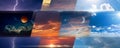 Weather forecast background, collage of skies photos with variety weather conditions