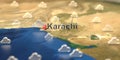 Cloudy weather icons near Karachi city on the map, weather forecast related 3D rendering Royalty Free Stock Photo