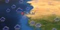 Dakar city and rainy weather icon on the map, weather forecast related 3D rendering