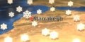 Marrakesh city and snowy weather icon on the map, weather forecast related 3D rendering