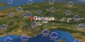 Rainy weather icons near Geneve city on the map, weather forecast related 3D rendering