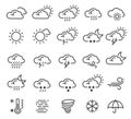 Weather forecast, climate outline icons set isolated on white. Cloudy, sunny, clear, rainy.