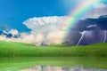 Weather forecast concept with colorful rainbow and lightnings