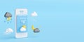 Weather Forecast Concept, Smartphone displays weather forecast application widget, icons, symbols